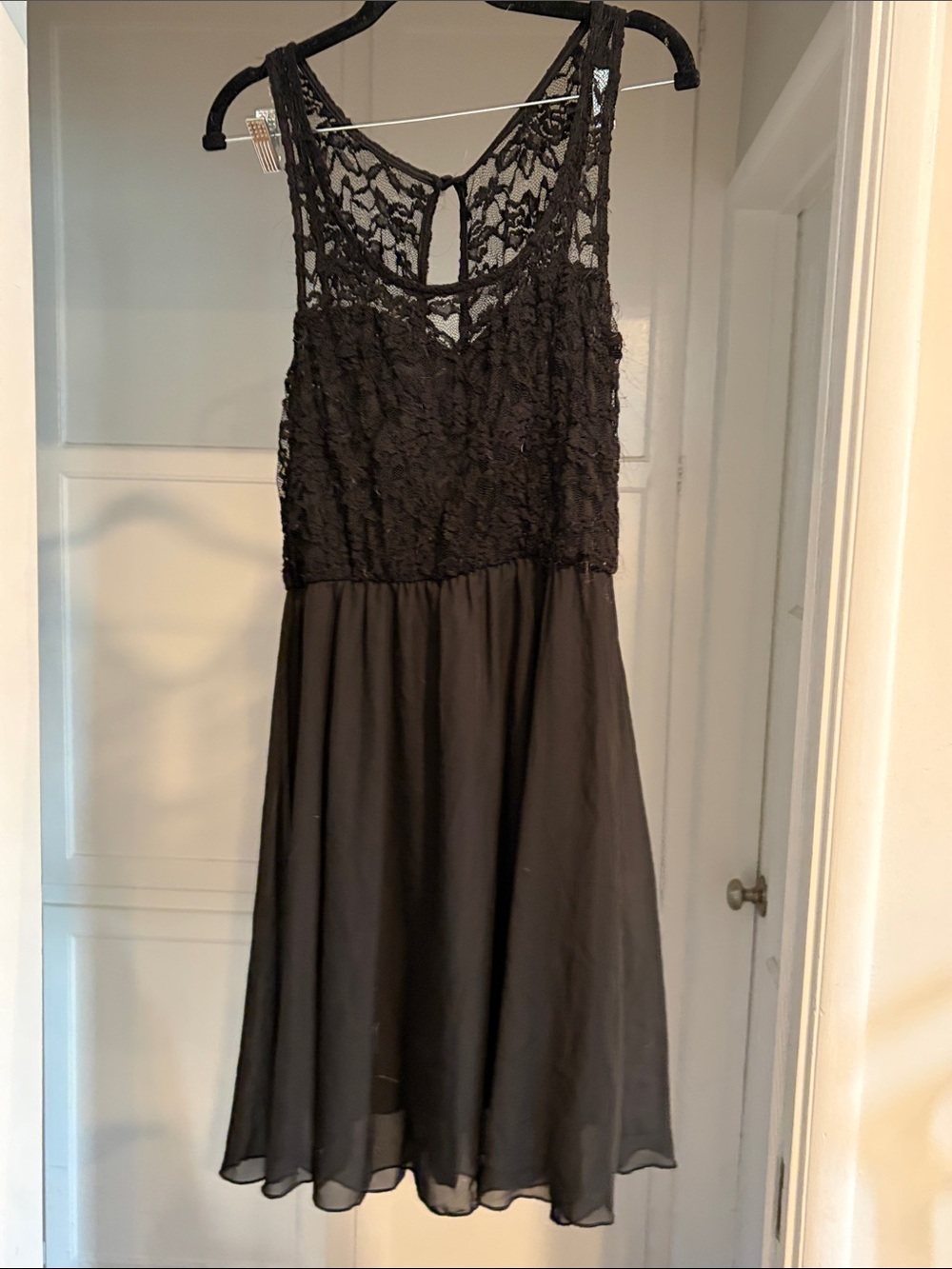 Black Lace Bodice Mini Dress with Chiffon Skirt